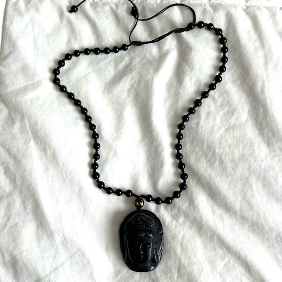 BLACK BEADED CARVED BUDDHA NECKLACE Pendant Necklace Meditation Gemstone - Picture 1 of 7